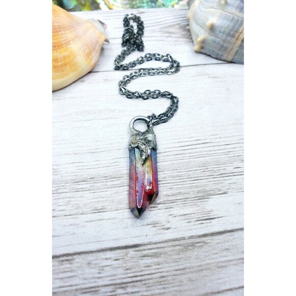 Red aura quartz crystal necklace handmade gothic fantasy metalwork jewelry - Picture 9 of 11